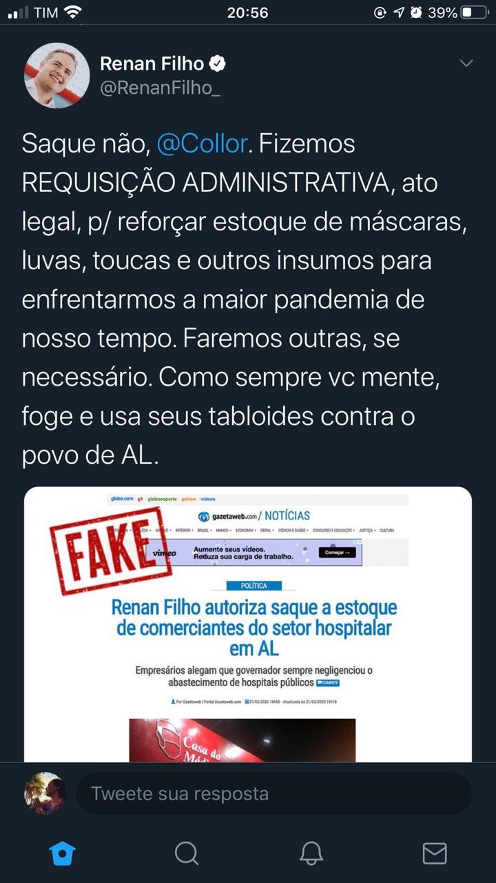 Renan Filho reage à acusação do portal gazetaweb e chama Collor de mentiroso e fujão