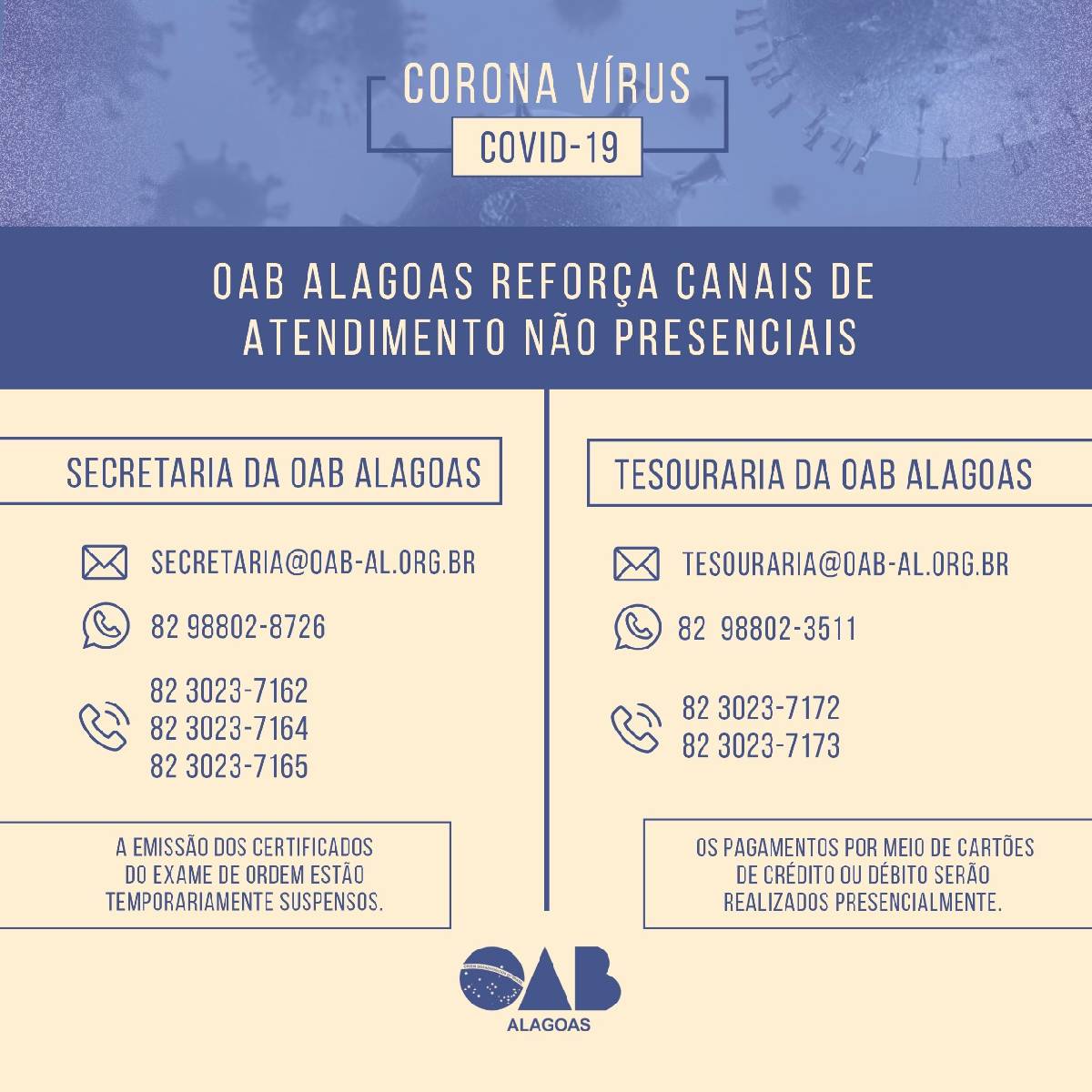 Covid 19 Oab Al Reforça Canais De Atendimento Para Reduzir Contato Covid 19 Oab Al Reforça Canais De Atendimento Para Reduzir Contato