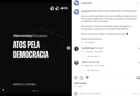 União Nacional dos Estudantes divulga horários para atos em defesa da democracia