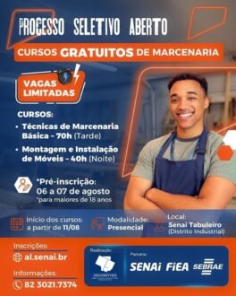 Abertas as inscrições para curso gratuito de Marcenaria no SENAI Tabuleiro