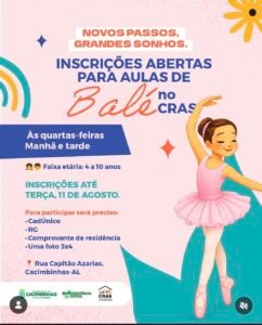 Cacimbinhas oferece aulas de balé para crianças de 4 a 10 anos no CRAS