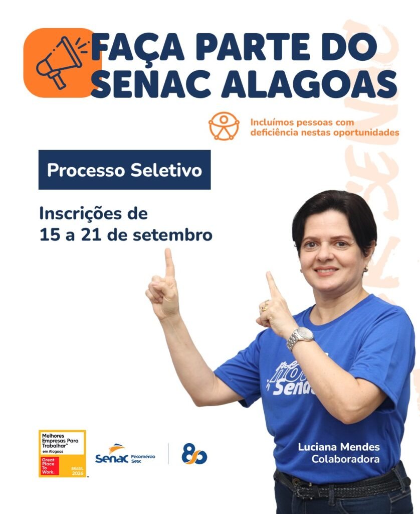 Senac oferece vaga para instrutor em Arapiraca; inscrições terminam em 21 de setembro