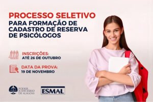 TJAL abre seleção para cadastro de reserva de psicólogos com salário de R$ 2,5 mil
